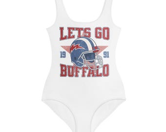 Big Kids Buffalo Football Swimsuit, Girls One Piece Bathing Suit, Game Day Swimwear, Blue Red Kids Swimsuit, Summer Beach Outfit