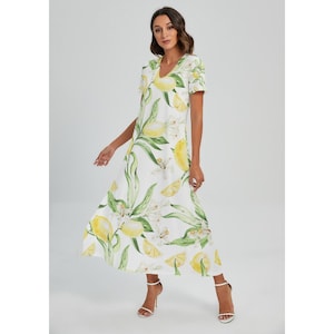 Lemon Print V-Neck Dress with Side Slit, Citrus Summer Midi Dress, Boho Vacation Outfit, Mediterrane