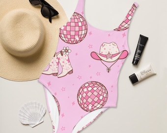Pink Bach Disco Cowgirl Theme One-Piece Swimsuit, Sparkly Western Bachelorette Bathing Suit, Fun Rodeo Bride Swimwear, Party Weekend Outfit