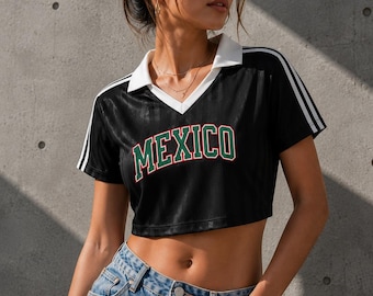 Mexiko Cropped Jersey, Mexiko Kontrast Kragen Gestreiftes Oberteil, Mexikanischer Stolz Cropped Shirt für Frauen, Retro Sportliches Crop Top