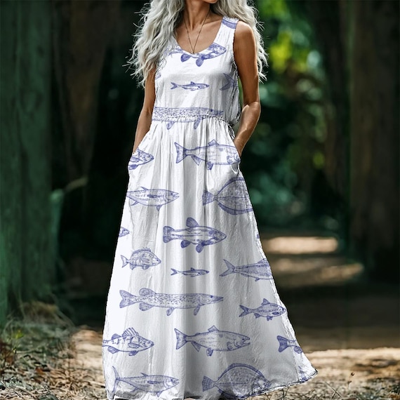 Fish Print Sleeveless Maxi Dress, Boho Ocean-inspired Long Dress