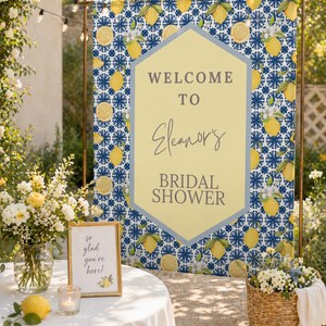 Personalized Lemon Bridal Shower Tapestry, Custom Name Citrus Tile Backdrop, Yellow Lemon Wedding Shower Decor, Mediterranean Bridal Banner