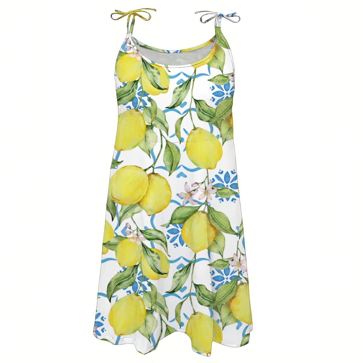 Lemon Print Sundress, Yellow Citrus A-Line Vacation Dress