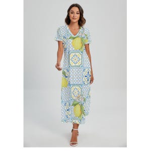 Lemon Print V-Neck Dress with Side Slit, Citrus Summer Midi Dress, Boho Vacation Outfit, Mediterrane