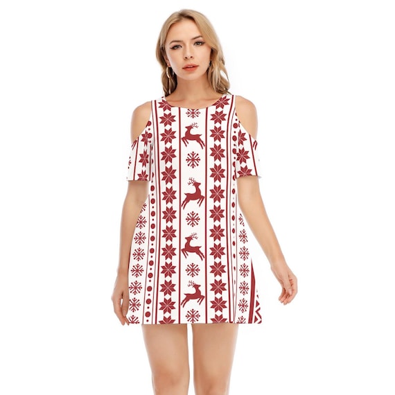 Womens Christmas Cold Shoulder Dress, Reindeer Snowflake Holiday Outfit -  Etsy Ireland