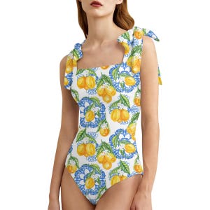 Lemon Print Swimsuit, One Piece Swimsuit, Italian Tile Bathing Suit, Citrus Print Swimwear, Mediterr