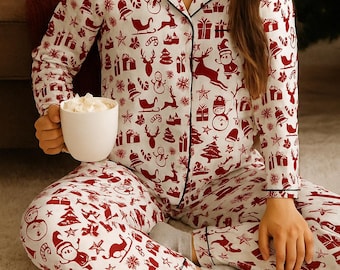 Holiday Satin Pjs, Christmas Pajamas, Festive Satin Sleepwear Set