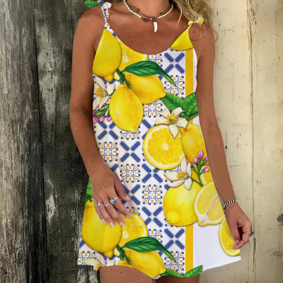 Lemon Tiles Print Dress, Mediterranean Citrus Pattern Dress