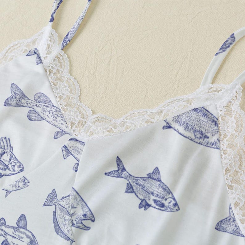 Fish Print Cami Pajama Set, Lace Edge Sleepwear image 3