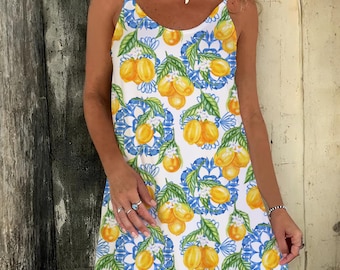 Lemon Print Sundress, Yellow Citrus A-Line Vacation Dress