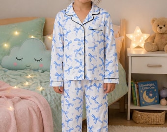 Pigiama natalizio in raso con fiocchi blu per bambini, pigiama natalizio, pigiama festivo