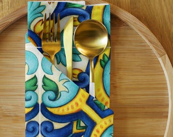 Stoffen servet met mediterrane tegelprint, boho-tafellinnen