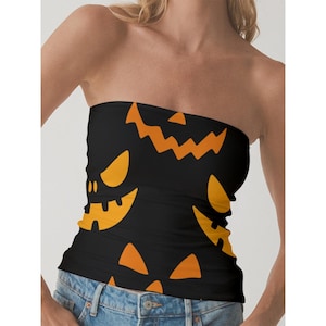Halloween Tube Top, Spooky Crop Top, Women’s Festive Strapless Shirt, Halloween Party Outfit, Casual