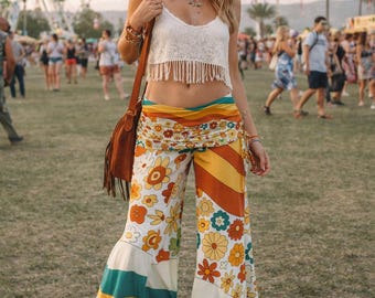 Retro Floral Striped Wide Leg Pants, 70s Aesthetic Palazzo Pants, Groovy Flower Power Pants, Vintage