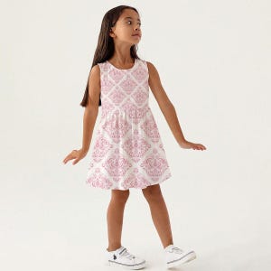 Pink Damask Print Girls Dress, Cute Summer Kids Sundress, Sleeveless Birthday Party Outfit for Girls