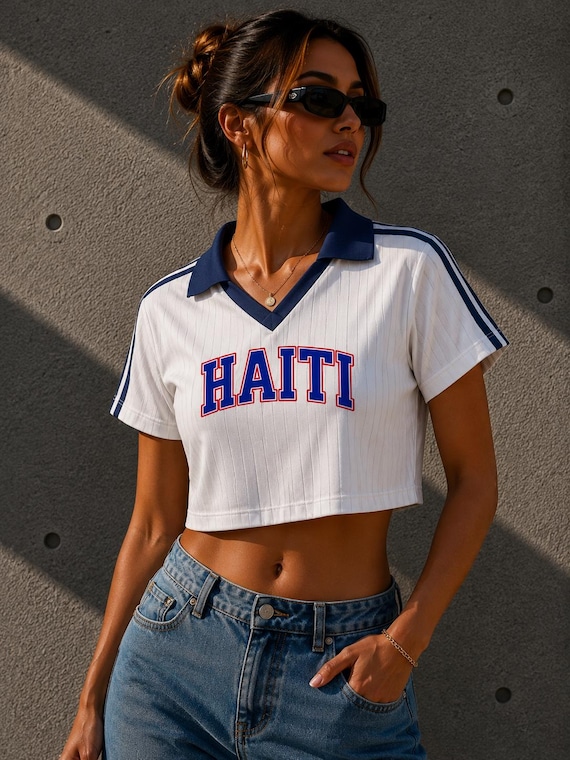 Haiti Cropped Jersey, Haiti Contrast Collar Striped Top, Haitian Pride Cropped Shirt for Women, Retro Sporty Crop Top