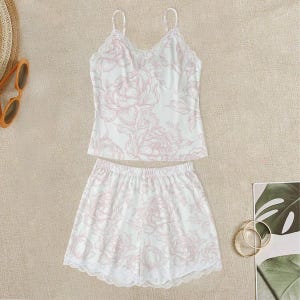 Pink Floral Cami Pajama Set, Lace Edge Sleepwear, Womens Pajamas, Feminine Nightwear, Cozy Pajamas,