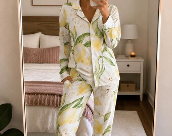 Lemon Print Pajama Set, Women's Citrus Sleepwear, Amalfi Coast Pajamas, Italian Summer Loungewear, F