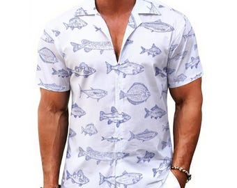 Men’s Fish Print Hawaiian Shirt, Casual Short Sleeve Button Down Beach Shirt