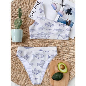 Fish Print One Shoulder Bikini, Ocean Inspired Swimsuit, Asymmetrical Boho Bikini Set, Cute Sea Life