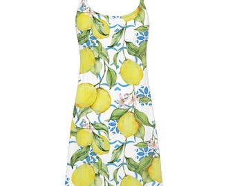 Lemon Print Sundress, Yellow Citrus A-Line Vacation Dress