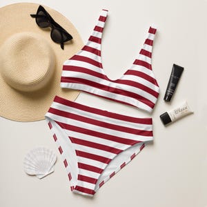 Fourth of July High Waisted Bikini, Patriotic Swimwear, USA Flag Two-Piece, Red White Blue Beach Outfit, Independence Day Swim Suit