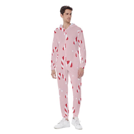 Men's Pink Candy Cane Holiday Onesie, Festive Sleepwear, Cozy