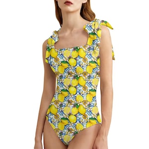 Lemon Print Swimsuit, One Piece Swimsuit, Italian Tile Bathing Suit, Citrus Print Swimwear, Mediterr