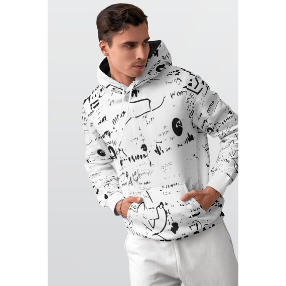 Abstract Graphic Hoodie, White and Black Sketch Hoodie, Modern Art