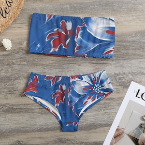 Buffalo Bills Inspired Womens Strapless Bikini Swimsuit, Red White Blue Swimwear, Game Day Beach Out