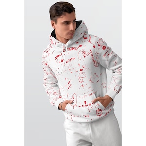 Red Sketch Hoodie, Graffiti Doodle Hoodie, Hand Drawn Print Hoodie, Urban Art Hoodie for Men, White