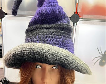 Crochet Witch Hat - Handmade Costume Piece - Halloween Decor - Purple White and Black