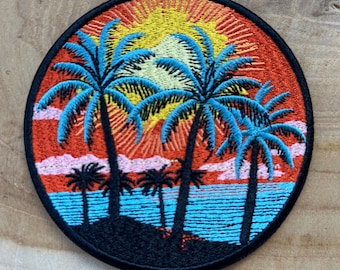 Patch Aufnäher Abzeichen Flicken  zum aufbügeln Bügelbild Kunst Vintage Old School Palmen Strand Sonnenaufgang Sonnenuntergang KB-0003
