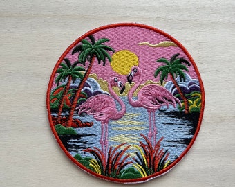 Patch Aufnäher Abzeichen Flicken Flamingo Sunset Sonnenaufgang Sonnenuntergang Strand Paradies Palme zum aufbügeln Bügelbild  KB-0002