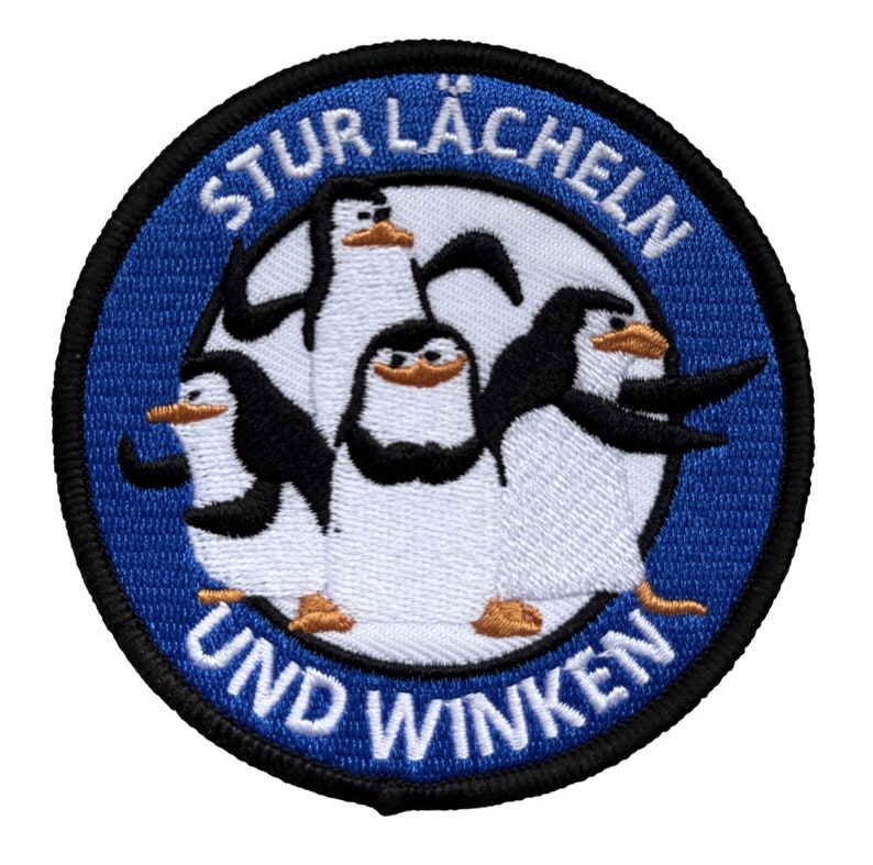 Patch mit Klett Aufnäher Abzeichen Flicken Pinguine von Madagaskar Stur lächeln und winken fun Satire Blau Bild 3