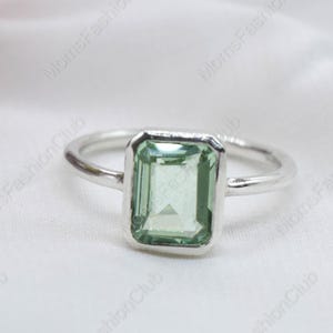 Emerald Cut Green Amethyst Ring: 925 Sterling Silver, Handmade