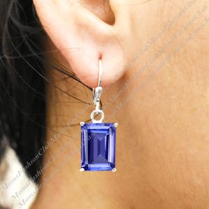Emerald cut Tanzanite Dangle Drop Earrings, 925 Silver or 14k Gold Fill, Women Tanzanite Earring,December Birthstone Lever Back,Gift for Mom