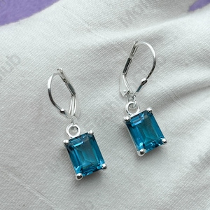 London Blue Topaz lever back, 18k Gold earrings, Dainty earrings, topaz earrings, Octa 7x9m, 925 Sterling Silver earrings, Everyday earrings