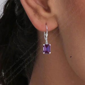 Women Delicate Alexandrite & Smoky Quartz Lever Back, Engagement Women Earrings, 925 Sterling Silver, Emerald Cut 7x9m Dainty Tiny Earrings