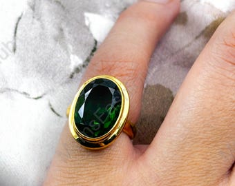 Oval Green Tourmaline Ring,Emerald cut 10x14,925 Sterling Silver,14k Gold,Birthday Gift for her,Everyday Minimalist Ring,Handmade Women Ring