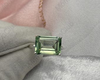Women Green Amethyst Ring, 925 Sterling Silver Ring Engagement Ring, Prasiolite Ring, Emerald Cut 10x14 Gemstone Ring, Birthday Gift for Her