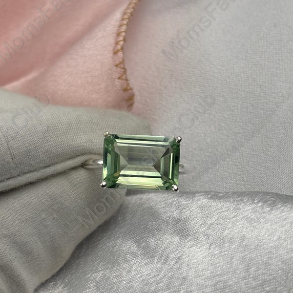 Emerald Cut Green Amethyst Ring: Sterling Silver Prasiolite Gemstone