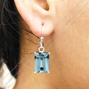 Aquamarine Lever Back, Birthstone jewelry, 925 Sterling Silver Earrings, Emerald Cut 10x14mm, Handmade Engagement Jewelry, Everyday earrings
