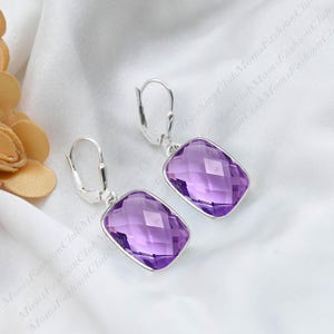 Cushion Purple Amethyst Earrings,12x16 Lever Back,925 Sterling Silver,Handmade Gemstone Jewelry,Birthstone Cocktail earring,Gift For her Mom