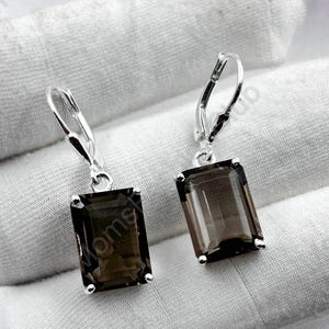 Delicate Smoky Quartz Earrings, Emerald Cut 10x14mm, 925 Sterling Silver, Women Brown Gemstone Earrings, Handmade Jewelry, Gift For Her Wife