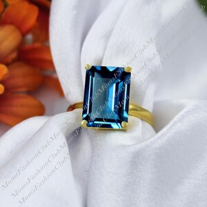 Engagement Ring for women,Silver Ring,London Blue Topaz Ring,Emerlad cut 10x14,Delicate Gemstone Ring for mom, Everyday ring for best friend