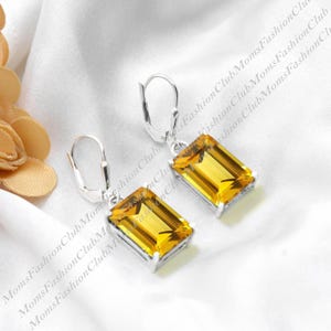 Citrine Drop Dangle Earrings, 925 Silver Lever Back earrings, Emerald Cut 10x14mm Gemstone Women Earrings, November Birthstone Gift for her
