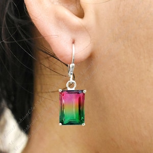 Watermelon Tourmaline lever back, Dangle Drop Earrings, Tourmaline earrings,925 Sterling Silver earrings,Handmade jewelry, Everyday earrings