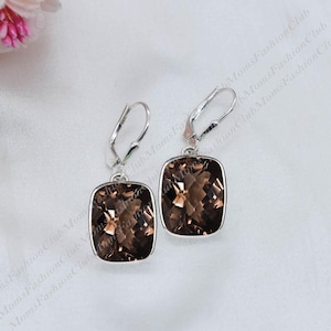 Brown Smoky Quartz Earrings,Cushion 12x16 Gemstone Lever Back,Birthday Gift for her,925 Sterling Silver,Dangle drop Earring,Handmade Jewelry
