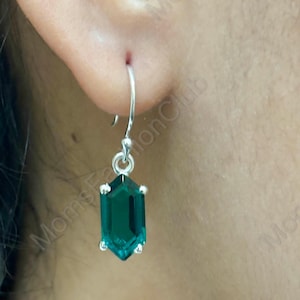 Engagement Sapphire Earrings, Teal Sapphire Hook Earrings, 925 Sterling Silver Hexagon 7x14m, September birthstone, Handmade Jewelry Gift
